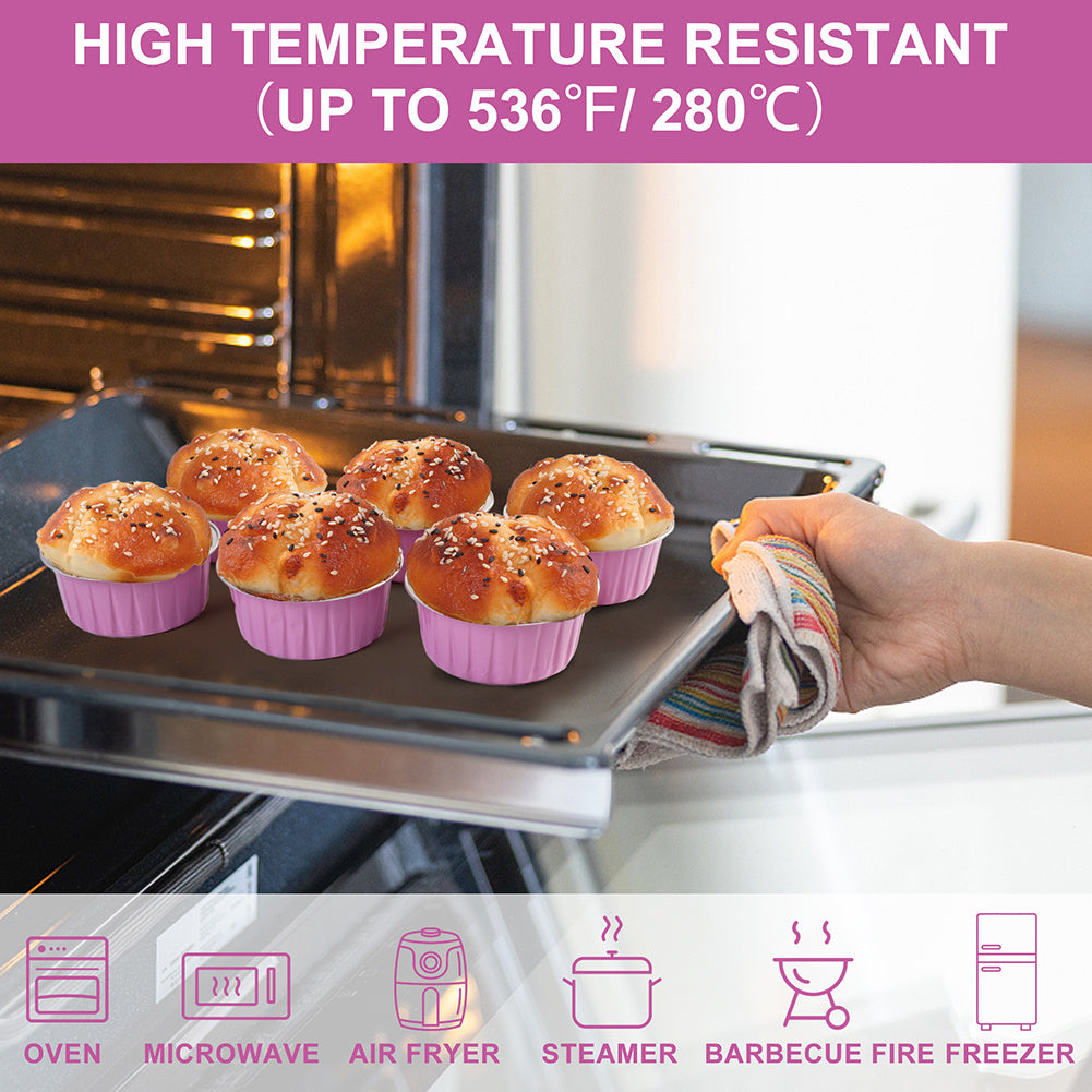 Aluminum Foil Cupcake Liners with Lids & Spoons - 50 Pack, 5oz Disposable Muffin Cups for Oven, Microwave & Air Fryer, Party Baking Cups for Christmas, Weddings & Birthdays, Pink & Grey