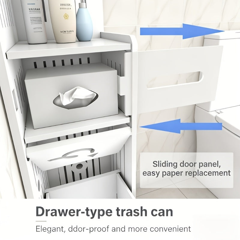 47-Inch Slim Floor Bathroom Storage Cabinet with Toilet Paper Holder & Hidden Trash Can – Narrow PVC Space-Saving Organizer Shelf for Small Bathroom, Apartment, Dorm, Kitchen, Laundry Room & Entryway