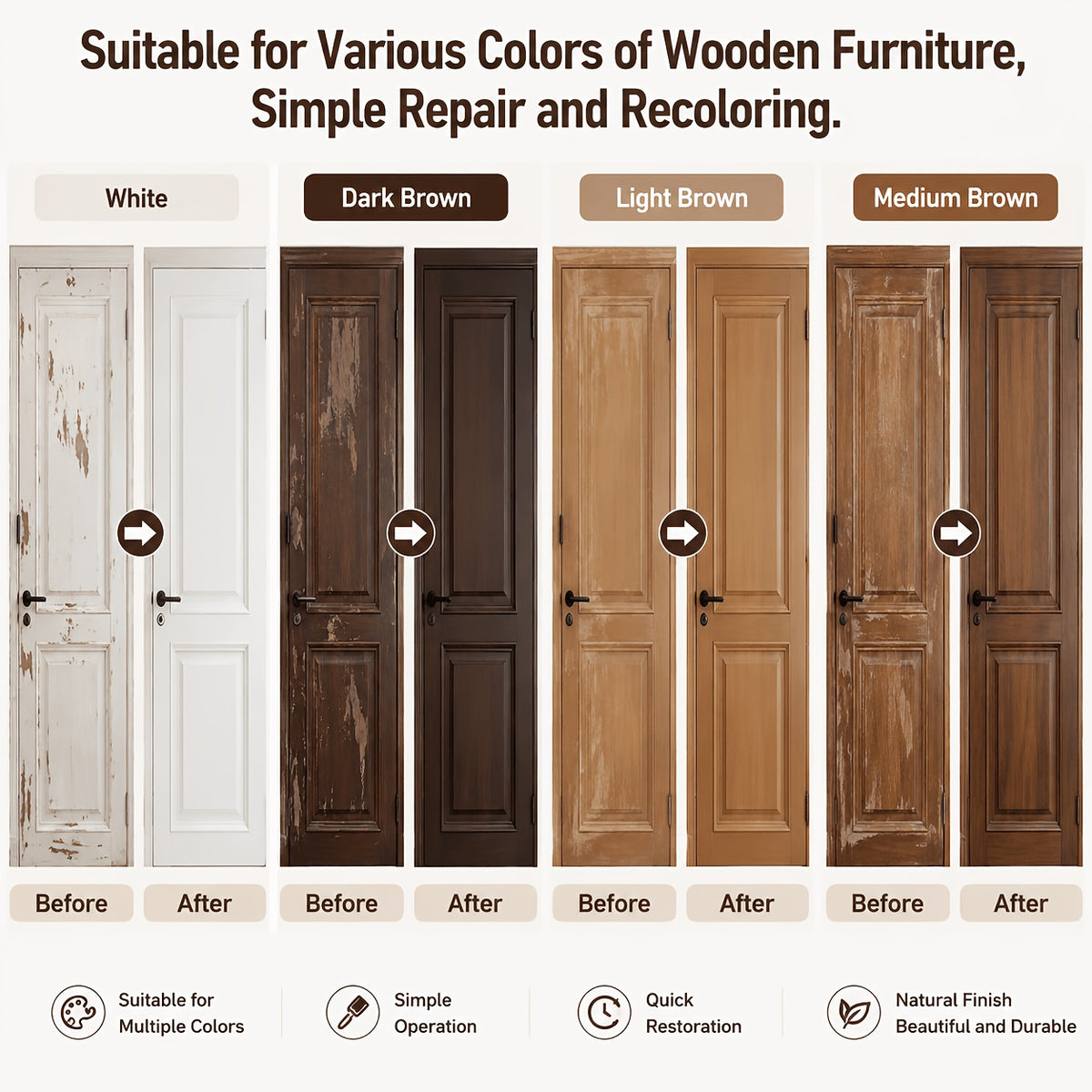 Wood Touch-Up Repair Paste with Brush – 4 Colors White, Light, Medium & Dark Brown for Scratches, Chips, Dents & Faded Wood on Floors, Cabinets, Doors, Tables & Chairs