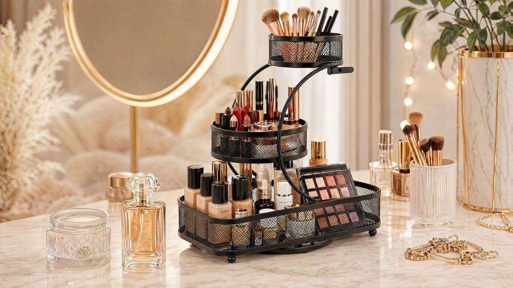 3-Tier Metal Mesh Countertop Storage Rack with Hooks, Space-Saving Organizer for Bathroom & Kitchen – Heavy-Duty Cosmetic, Perfume & Toiletry Display Stand, Black or White, Mini Available