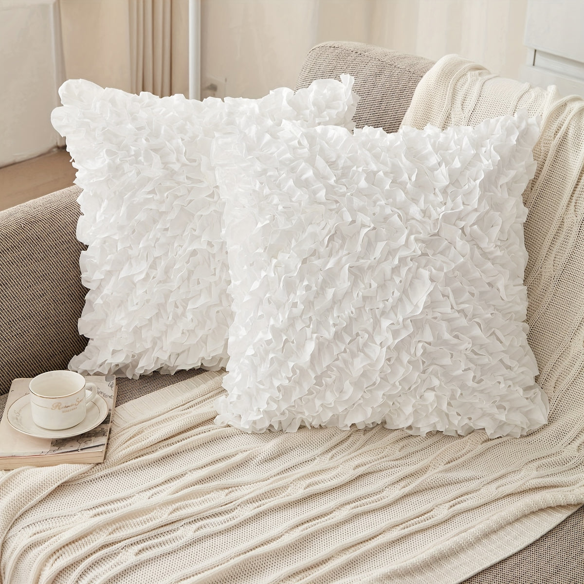 3D Ruffle Farmhouse Throw Pillow Covers Set of 2 – Handcrafted Cushion Pillowcase with Zipper, Soft Polyester, Multiple Colors & Sizes for Sofa Bed Couch Home Decor