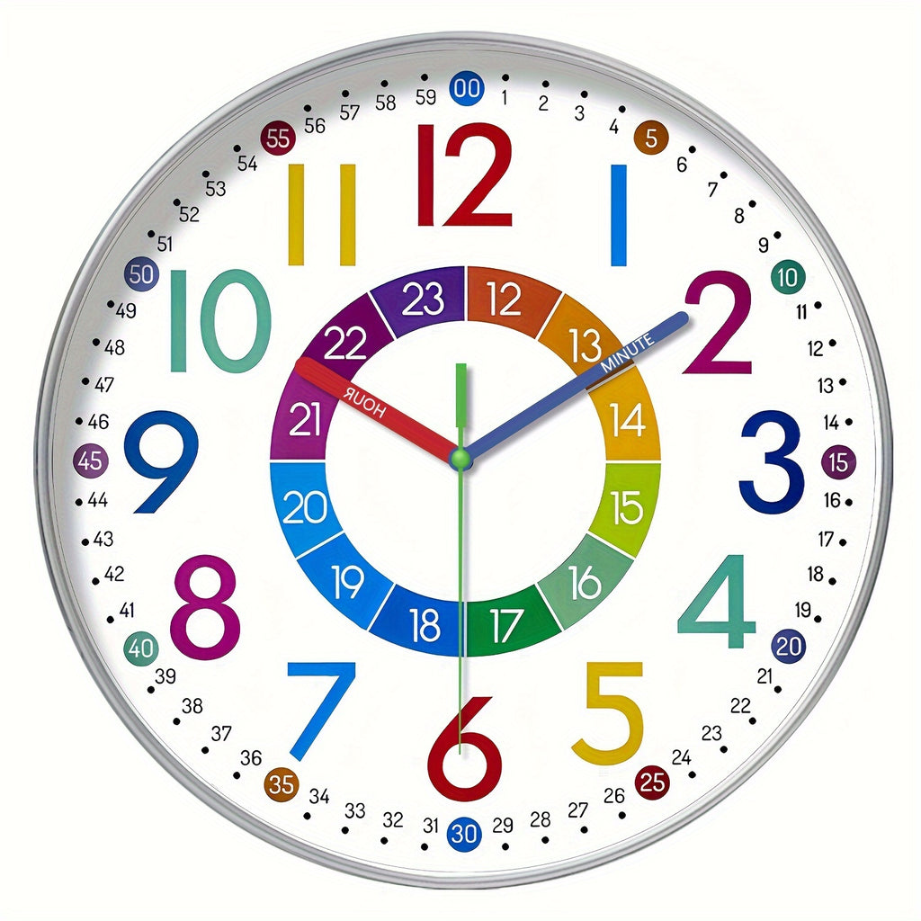 Color Learning Wall Clock for Kids – 8, 10 & 12 Inch Silent Quartz Movement, Teach How to Tell Time, Educational Teaching Clock for Bedroom, Classroom & School, AA Battery, Holiday Gift