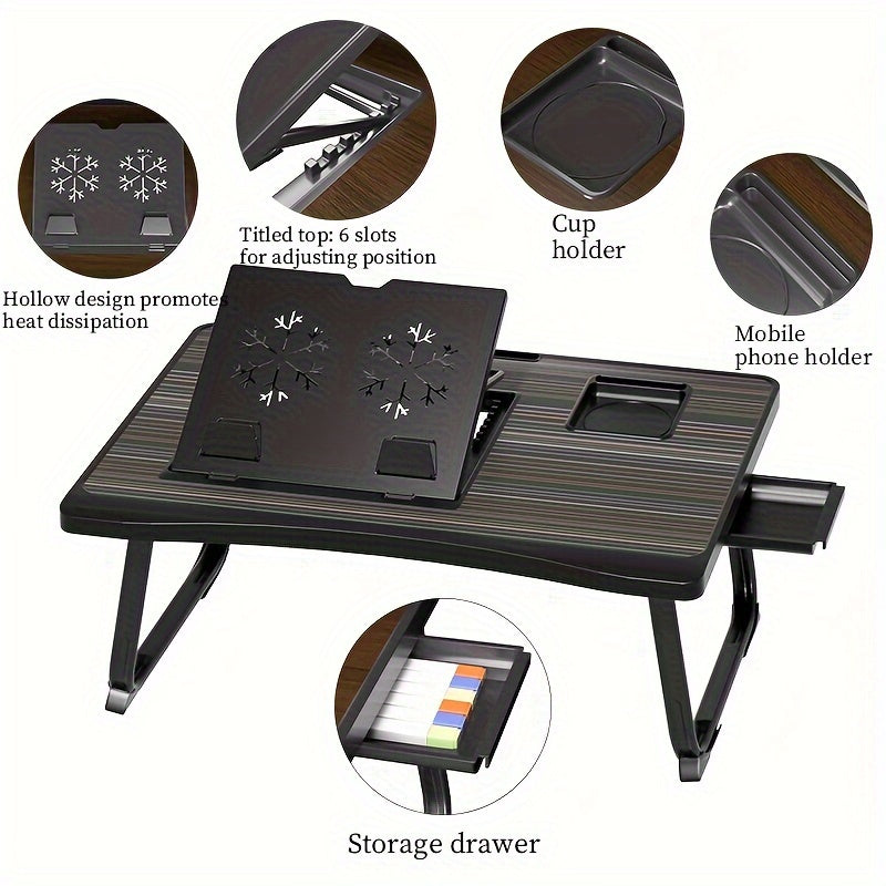 Portable Foldable Laptop Bed Table – Lap Desk with Cup Holder, Tablet & Card Slot, USB Option, for Bed Sofa Floor, Eating Reading Writing, 11 Styles