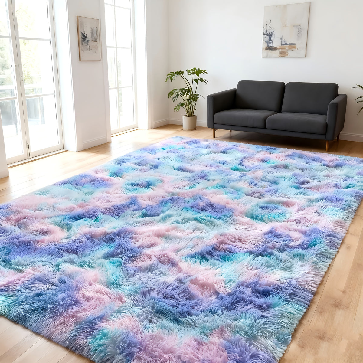 Tie-Dye Rainbow Purple Shag Area Rug Non-Slip Machine Washable, Ultra Soft Fluffy Carpet for Living Room Bedroom Kids Room, 4 Sizes 3x5ft to 8x10ft