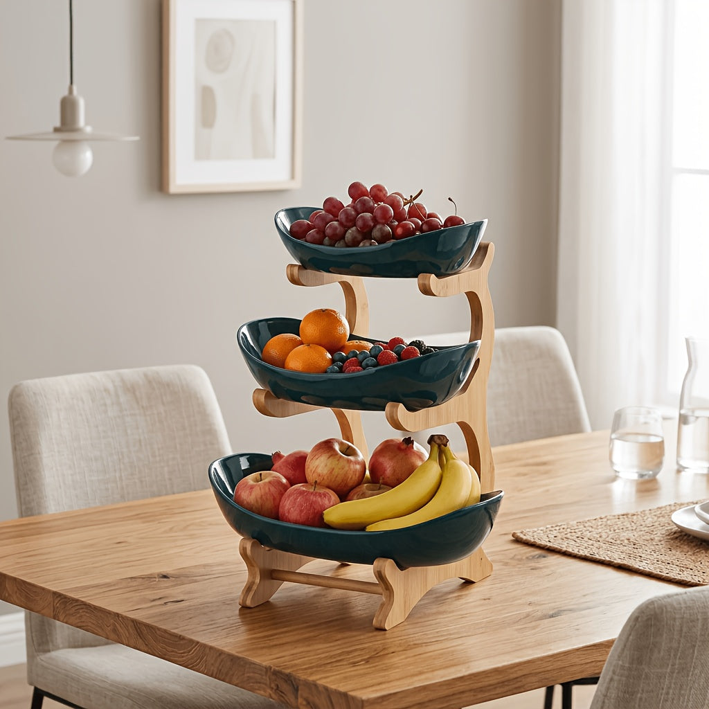 Tiered Fruit Basket Bowl 2-3 Layer Bamboo Wood Stand Kitchen Counter Serving Tray Snack Candy Plate with Fork European Style