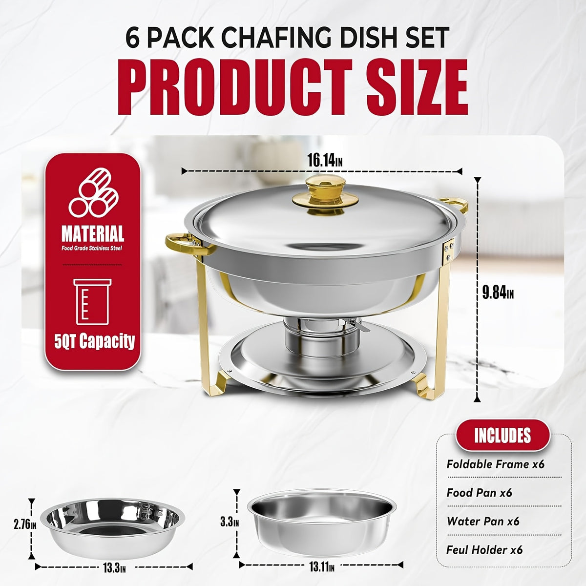 Stainless Steel Chafing Dishes for Buffet Round Food Warmer Set 5-9QT Catering Chafer with Lid for Parties Events Weddings Golden Silver 1 2 4 6 Pack