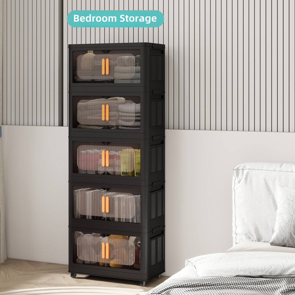 Collapsible Storage Locker with Locking Wheels – 4/5 Tier Double Door Plastic Bin Organizer, Stackable Space-Saving Storage Cabinet for Closet, Dorm, Office, Garage, Bedroom & Gym