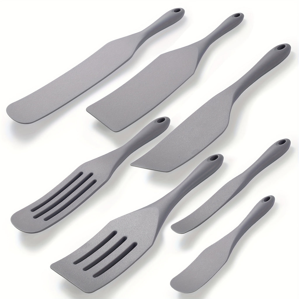 7-Piece Silicone Spurtle & Spatula Set – Heat-Resistant Cooking Utensils for Nonstick Cookware, Multi-Use Kitchen Tools for Serving, Baking, Whisking, Scooping & Spreading, Light Gray
