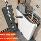 Flat Mop and Bucket Set 40cm, Hands-Free Wringing Dual Bucket System, 360° Rotating Mop Head, 2 or 6 Microfibre Replacement Pads, Wet & Dry Separation, Safe on All Floor Types