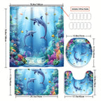 4pcs Sea Dolphin Coral Shower Curtain Set Blue Ocean Undersea World Fish Seaweed - 12 Hooks Toilet Lid Cover Non-Slip U-Shape Bath Mat Machine Washable | Nuvia Haven