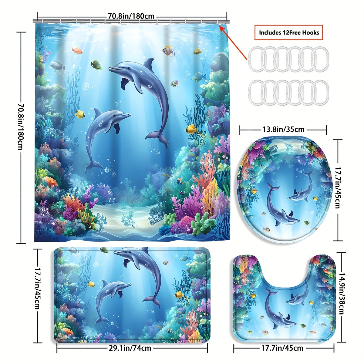 4pcs Sea Dolphin Coral Shower Curtain Set Blue Ocean Undersea World Fish Seaweed - 12 Hooks Toilet Lid Cover Non-Slip U-Shape Bath Mat Machine Washable | Nuvia Haven
