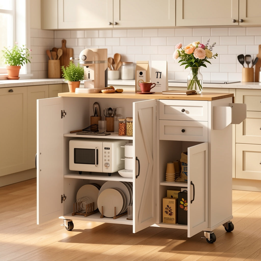 Kitchen Island Cart with Drop Leaf & Rolling Wheels – Storage Cabinet, Spice Rack, Drawer & Towel Rack for Small Kitchens Dining Room