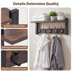 Wooden Wall-Mounted Shelf with 5 Hooks – Floating Coat Rack & Key Organizer for Entryway, Bedroom & Bathroom, Towel Hook Rail, Wall Storage for Kitchen & Living Room, Rustic Wood Hanging Shelf with Hooks