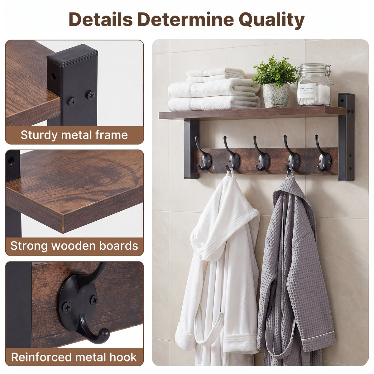 Wooden Wall-Mounted Shelf with 5 Hooks – Floating Coat Rack & Key Organizer for Entryway, Bedroom & Bathroom, Towel Hook Rail, Wall Storage for Kitchen & Living Room, Rustic Wood Hanging Shelf with Hooks