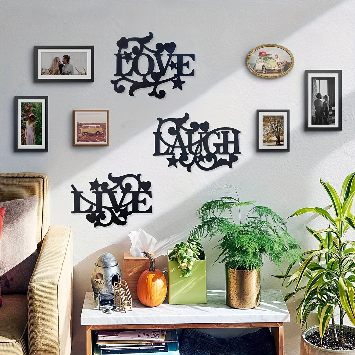3-Piece Metal Wall Art Set – Love Life Laughter Letter Sign Silhouette | Modern Elegant Black Wall Decor for Living Room, Bedroom & Kitchen | Stylish Home Art Decoration
