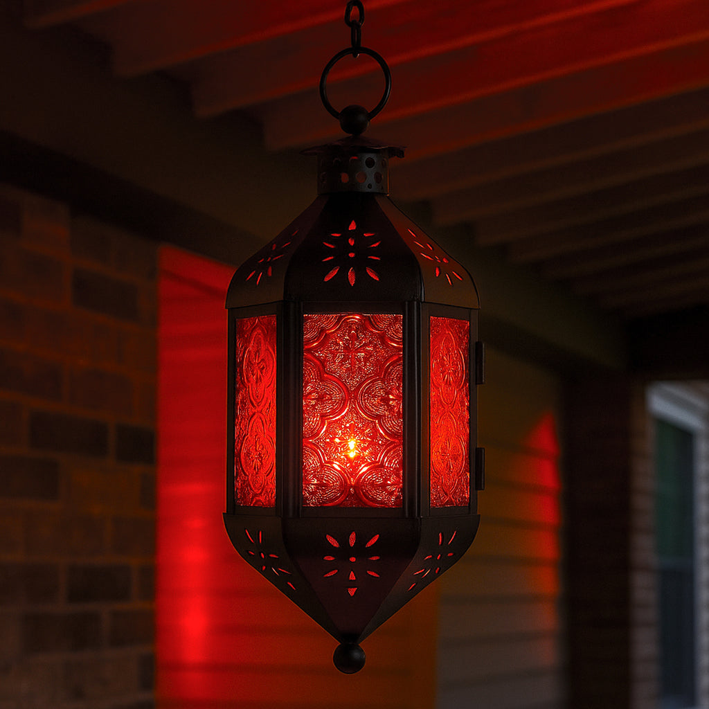 Moroccan Hanging Candle Lantern with Chain – Vintage Boho Style Iron & Glass Tealight Holder for Home, Patio, Garden, Wedding & Ramadan Decor (23.5" Overall)