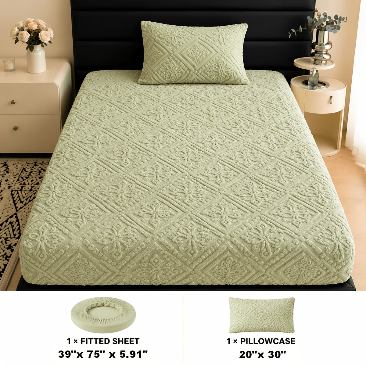 Embossed Fitted Sheet Set Super Soft Deep Pocket - European Texture Bed Sheets All Season, Machine Washable, Optional Pillowcases, Twin Full Queen King Sizes, 5 Colors Bedroom Bedding