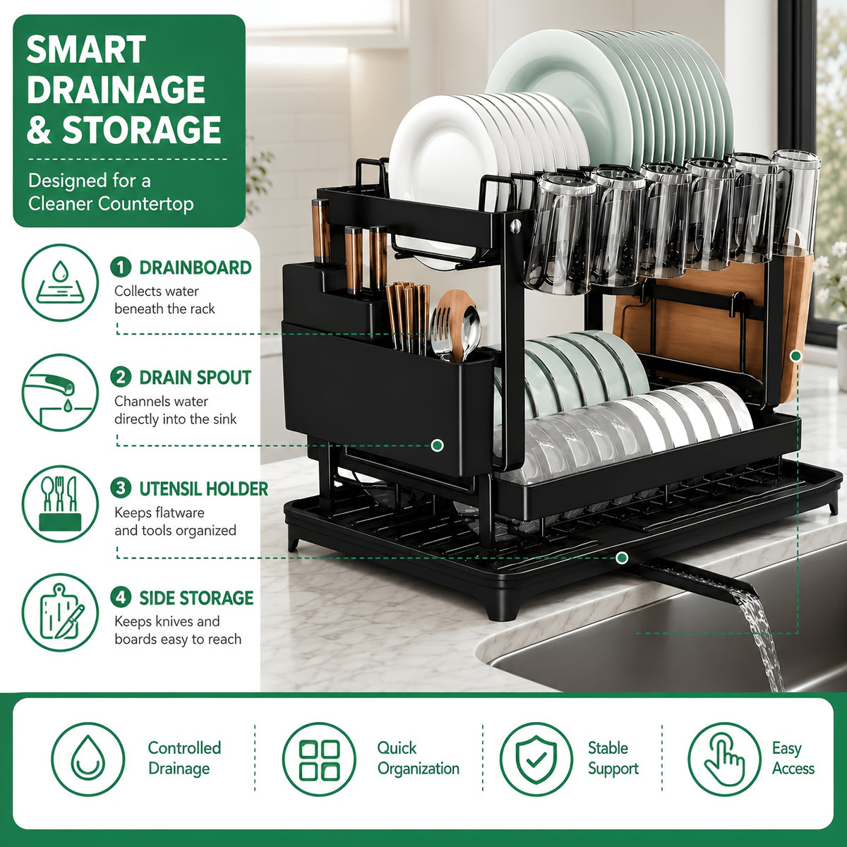 2-Tier Dish Drying Rack with Drainboard – Black Metal Two-Level Dish Drainer with Drainage for Kitchen Counter, Standing Dish Holder Organizer Shelf for Plates, Cups & Utensils