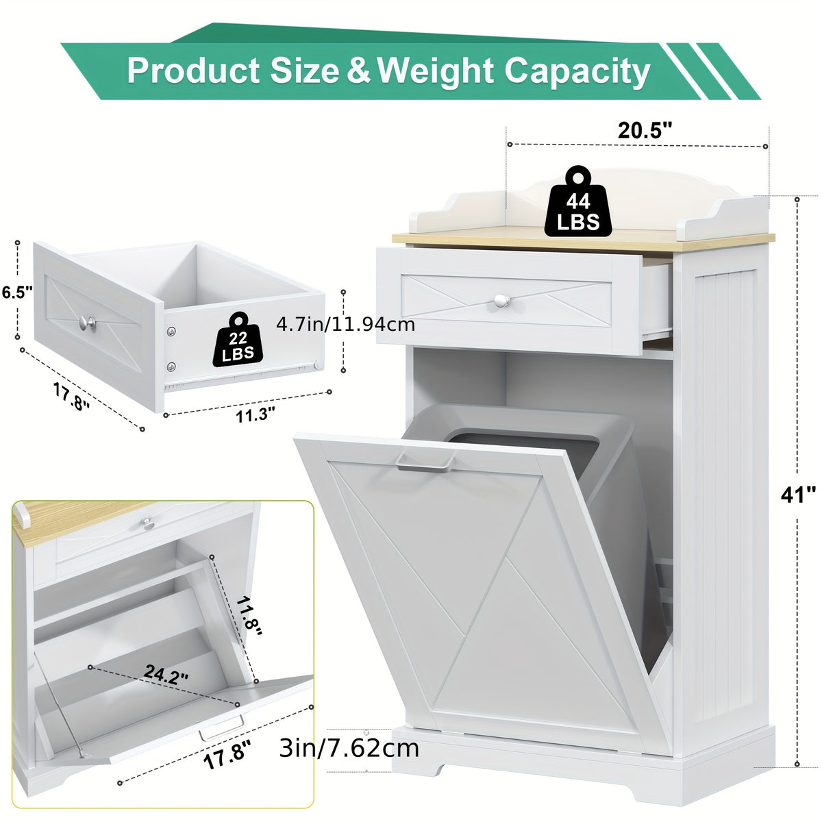 Tilt-Out Trash Can Cabinet 12 Gallon – Hidden Trash Cabinet with Drawers for Kitchen, Pantry & Laundry Room, Freestanding Kitchen Island Storage