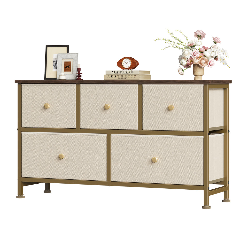 5-Drawer Wide Dresser with Fabric Bins – Freestanding Wood Frame Chest of Drawers, Low Profile Compact Storage Organizer for Bedroom, Hallway, Living Room & Closet, Space-Saving Furniture in Khaki/Green