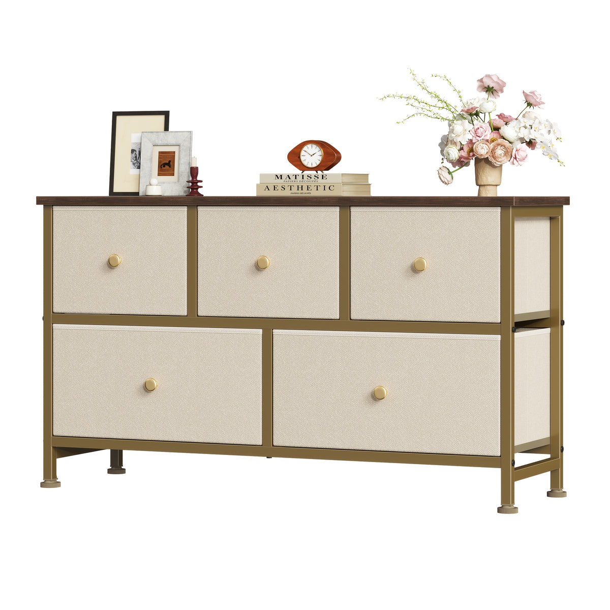 5-Drawer Wide Dresser with Fabric Bins – Freestanding Wood Frame Chest of Drawers, Low Profile Compact Storage Organizer for Bedroom, Hallway, Living Room & Closet, Space-Saving Furniture in Khaki/Green