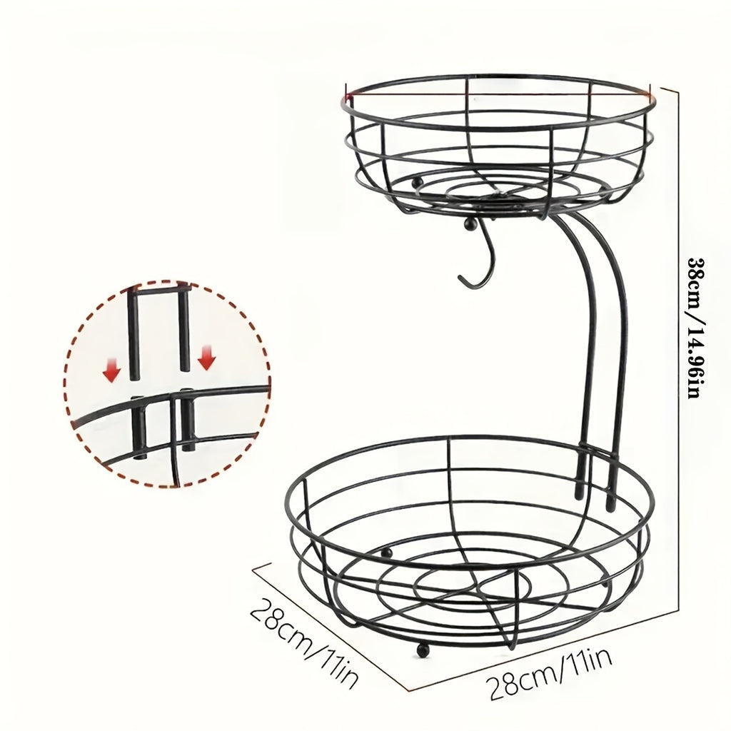 2-Tier Countertop Fruit & Vegetable Basket Bowl Rack with Banana Hooks – Space-Saving Kitchen Storage for Fruits, Vegetables, Bread & Snacks