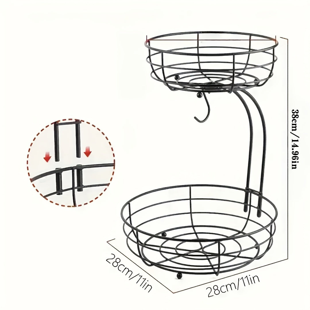 2-Tier Countertop Fruit & Vegetable Basket Bowl Rack with Banana Hooks – Space-Saving Kitchen Storage for Fruits, Vegetables, Bread & Snacks