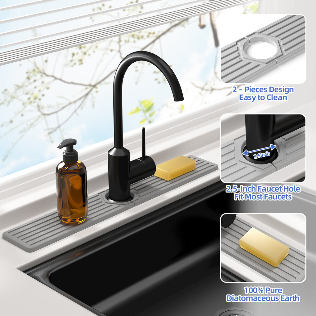 Diatomite Stone Sink Faucet Mat 23.6x3.9 Inch - Quick Drying Absorbent Countertop Mat for Kitchen and Bathroom Sink Area - Natural Diatom Mud Faucet Splash Pad
