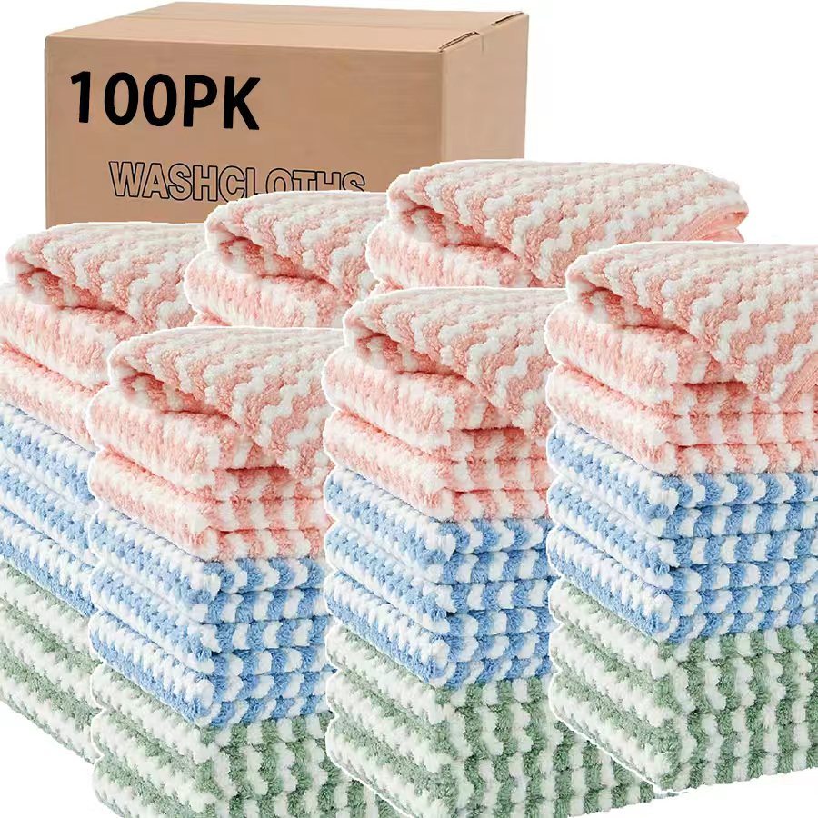 Bulk Microfiber Towels 100 or 200 Pack – Super Absorbent & Soft, 9.8×9.8 Inch – Multi-Purpose Washcloths for Bathroom, Hotel, Spa & Gym, Pure or Stripe, Random Color