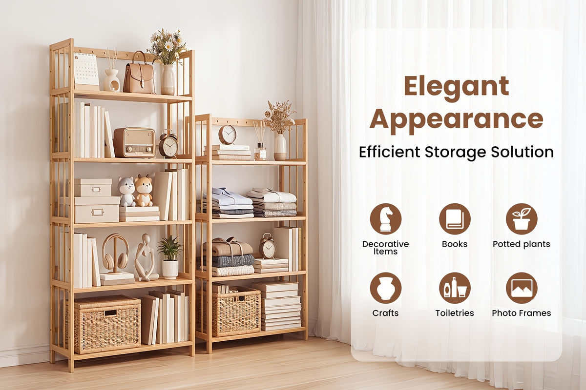 Bamboo Bookshelf Narrow 4 or 5 Tier Adjustable Shelves – Natural Wooden Bookcase Standing Storage Shelf Organizer for Small Spaces, Bedroom, Living Room & Home Office
