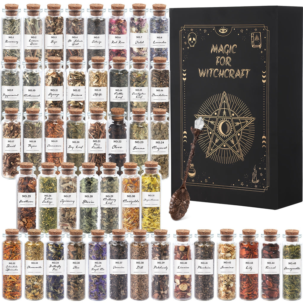 45 Bottles Dried Herbs & Flowers Kit with Crystal Spoon – Beginner Altar Supplies for Wicca, Pagan Magic, Incense, Bath & Spells, Unique Gift for Mother’s Day, Graduation & Wedding