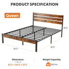 Iron Bed Frame with Wooden Plank Headboard Twin Full Queen Size Metal Platform Bed Heavy Duty Steel Slats Easy Assembly Bedroom