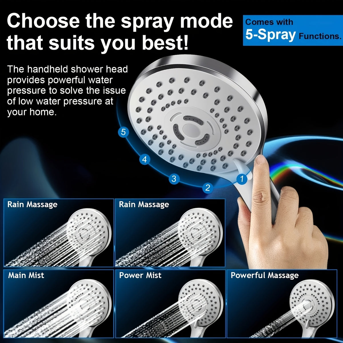 High Pressure Shower Head with Handheld Combo 9-Spray Settings 8 10 12 Inch Rainfall Stainless Steel Hose Adjustable Bracket Chrome Black