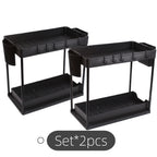Bathroom Shelves Set of 2 – Punch-Free Retractable 2-Tier Storage Rack with Hooks & Hanging Cups for Bathroom, Kitchen & Laundry
