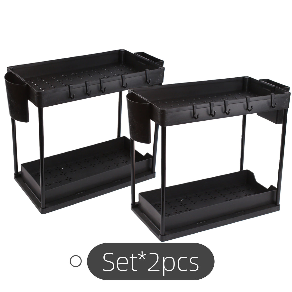 Bathroom Shelves Set of 2 – Punch-Free Retractable 2-Tier Storage Rack with Hooks & Hanging Cups for Bathroom, Kitchen & Laundry