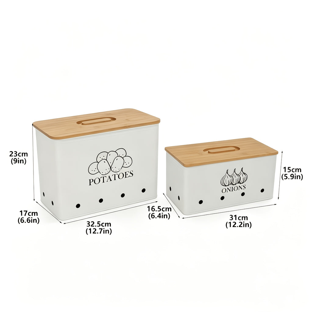 Potato and Onion Storage Bin 2-Pack Large Metal Kitchen Canisters with Bamboo Lid Flip Top for Vegetable Pantry Organization – Green Grey Black White