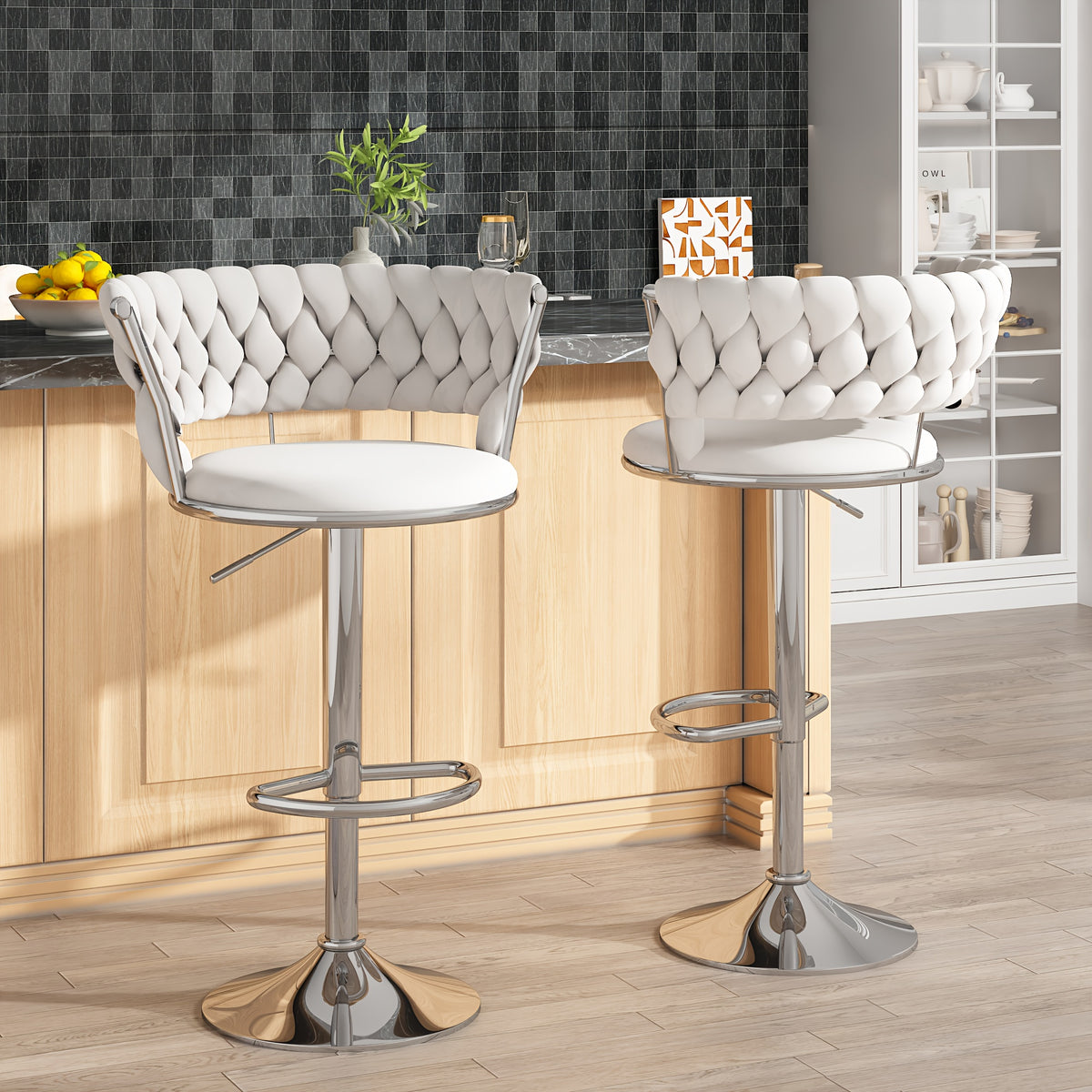 Bar Stools Set of 2 or 4 Adjustable Height Metal Leg Upholstered Counter Chairs for Kitchen Island Bar Living Room Dining Room – Glam Style