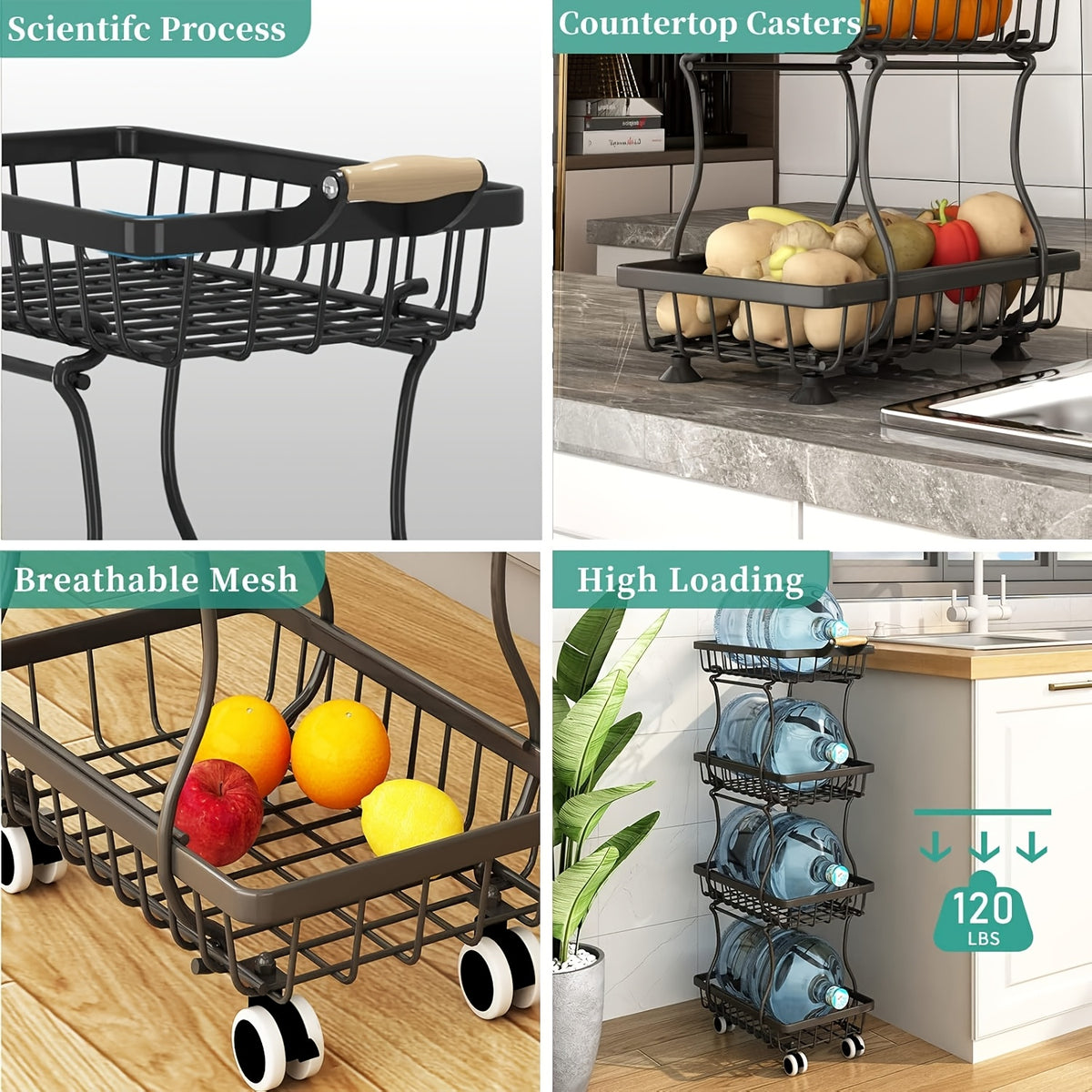 Fruit and Vegetable Basket Storage Cart with Wheels 4-Tier & 5-Tier Stackable Metal Rolling Produce Rack for Kitchen Pantry Bathroom Corner