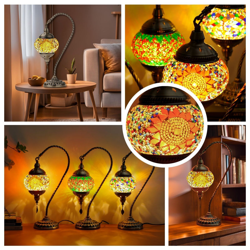Turkish Mosaic Table Lamp Moroccan Style Handmade Swan Neck Mosaic Glass Bedside Lamp with Metal Base - 3 Color Modes Dimmable LED Bulb Included - Bedroom Living Room Decor Gift