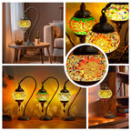Turkish Mosaic Table Lamp Moroccan Style Handmade Swan Neck Mosaic Glass Bedside Lamp with Metal Base - 3 Color Modes Dimmable LED Bulb Included - Bedroom Living Room Decor Gift