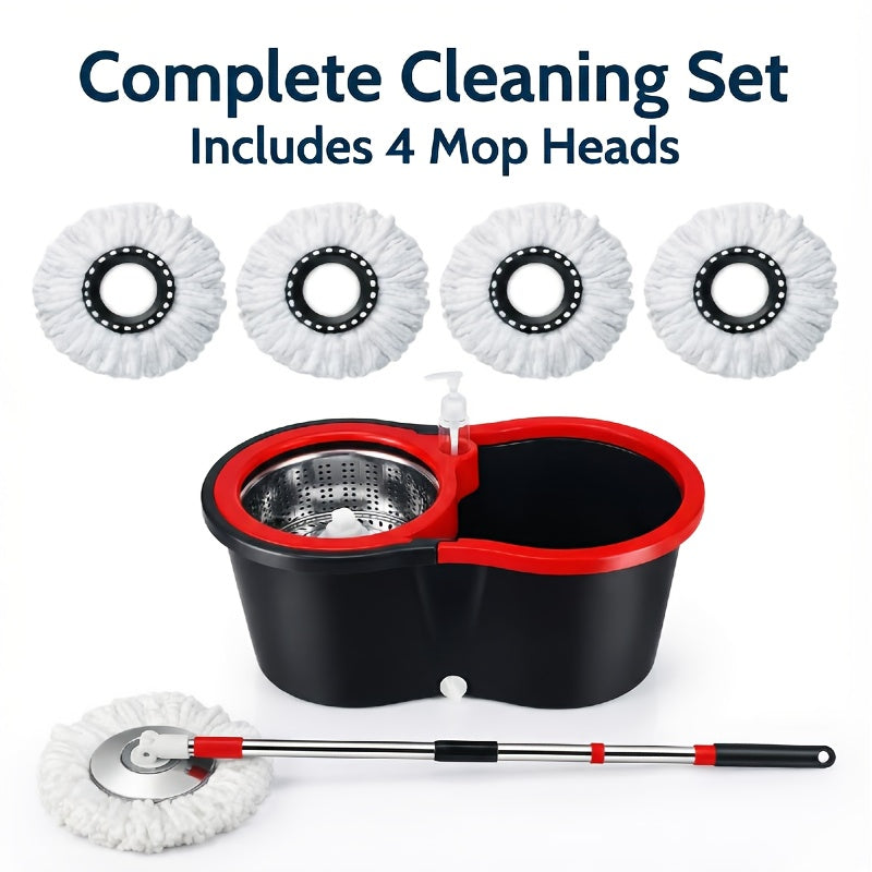 Spin Mop and Bucket Set with Wringer 360°, 4 Microfiber Mop Heads Included, Spinning Mop Bucket System for Bathroom Kitchen Bedroom Living Room Floor Cleaning
