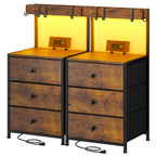 Tall Nightstand with Charging Station LED Lights 3 Fabric Drawers Shelves USB Ports Outlets Oversized Tabletop 4 Hooks Bedside Table for Bedroom Storage