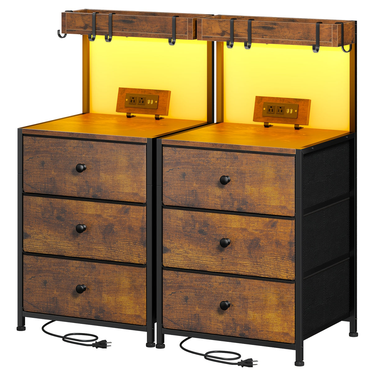 Tall Nightstand with Charging Station LED Lights 3 Fabric Drawers Shelves USB Ports Outlets Oversized Tabletop 4 Hooks Bedside Table for Bedroom Storage
