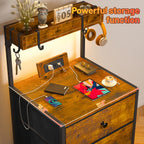 Tall Nightstand with Charging Station & LED Lights – 3 Drawers, Shelves, USB Ports, Outlets & 4 Hooks | Bedside Table for Bedroom