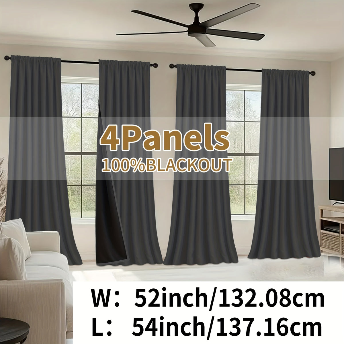 Blackout Curtains Rod Pocket 4 Panels - Thermal Insulated Room Darkening Noise Reducing Matte Drapes for Bedroom Living Room Office, 9 Colors 11 Sizes