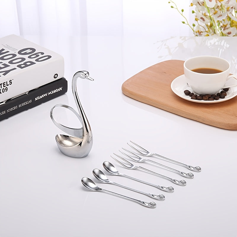 Swan-Shaped Stainless Steel Cutlery Rack with Fork & Spoon Set 7-Piece – Elegant Decorative Silverware Holder for Holiday Table Decor, Christmas, Halloween & Gifts