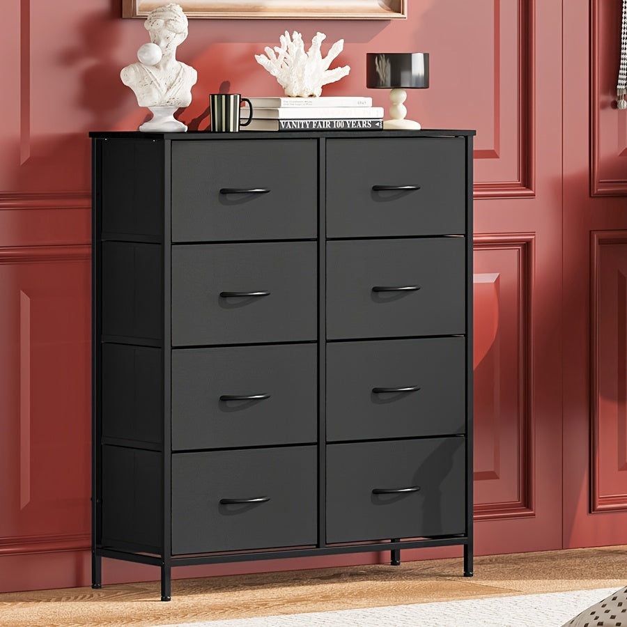 Fabric Storage Chest of 8 Drawers – 4 Independent Sections, Sturdy Metal Frame & Wood Tabletop, Bedroom Dresser for Closet, Living Room & Entryway | White & Brown