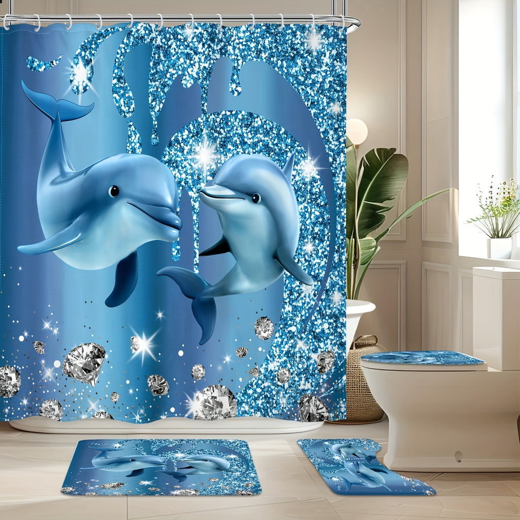 Blue Dolphin Shower Curtain Set 4 Piece – Cute Ocean Cartoon Bathroom Curtain with Non-Slip Rug, Toilet U-Shape Mat & Lid Cover + 12 Hooks | Coastal Bath Decor