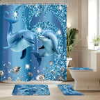 Blue Dolphin Shower Curtain Set 4 Piece – Cute Ocean Cartoon Bathroom Curtain with Non-Slip Rug, Toilet U-Shape Mat & Lid Cover + 12 Hooks | Coastal Bath Decor