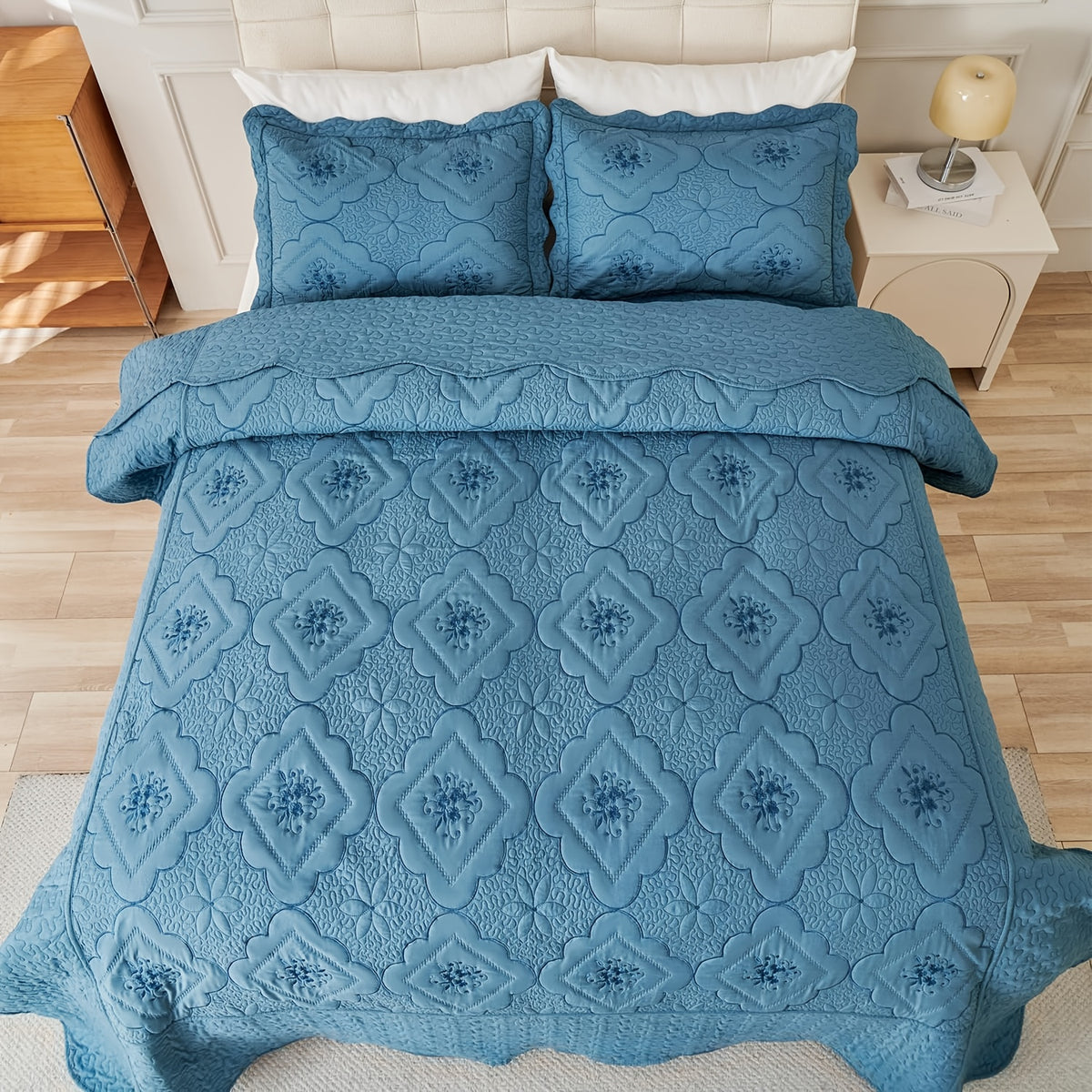 Quilted Embroidered Bedspread Set 3 Pcs – Floral Embroidery, 100% Polyester, Wrinkle-Resistant Lightweight Coverlet for Queen & King Bedroom Decor, 16 Colors